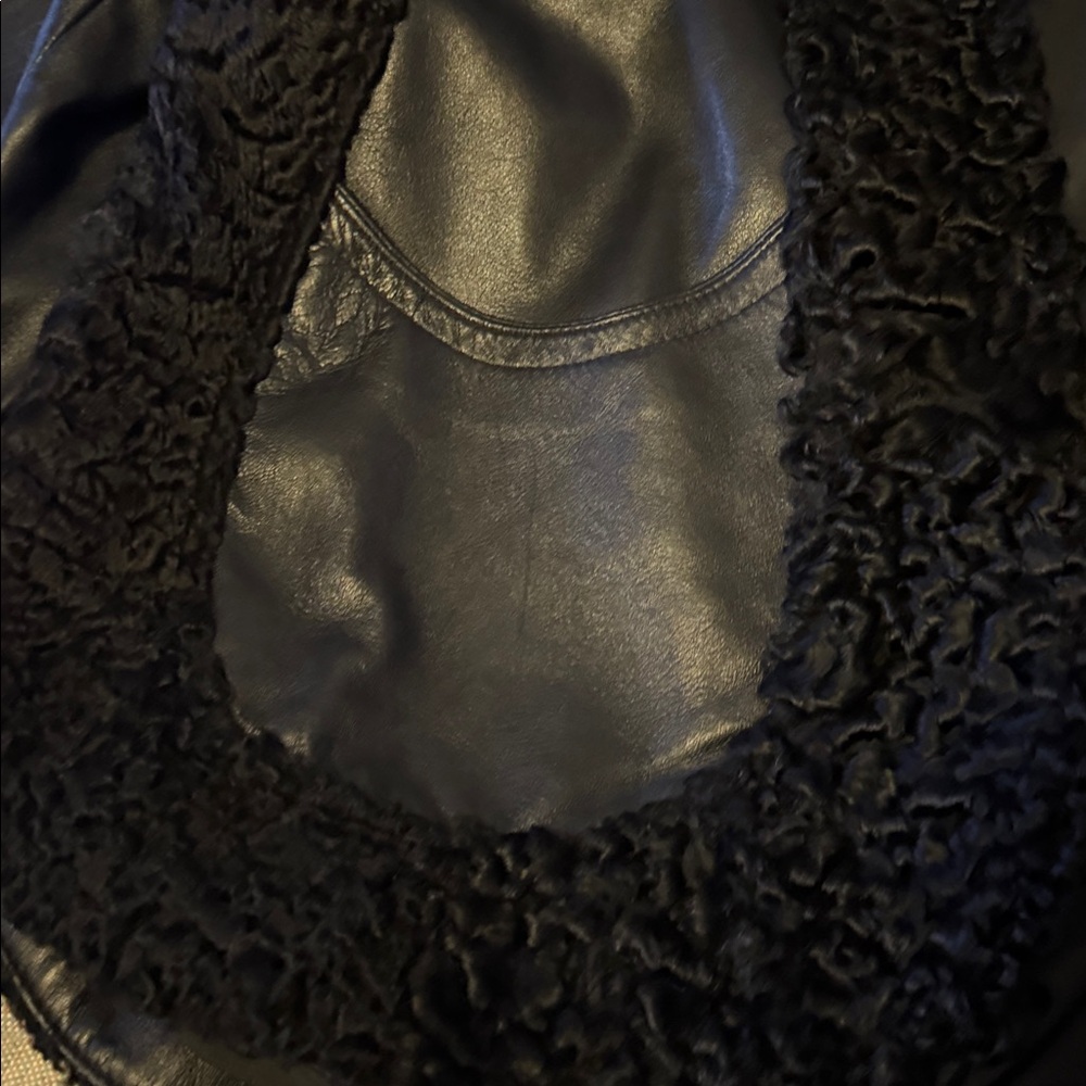 Black lamb fur trim lambskin leather coat L - Picture 5 of 12